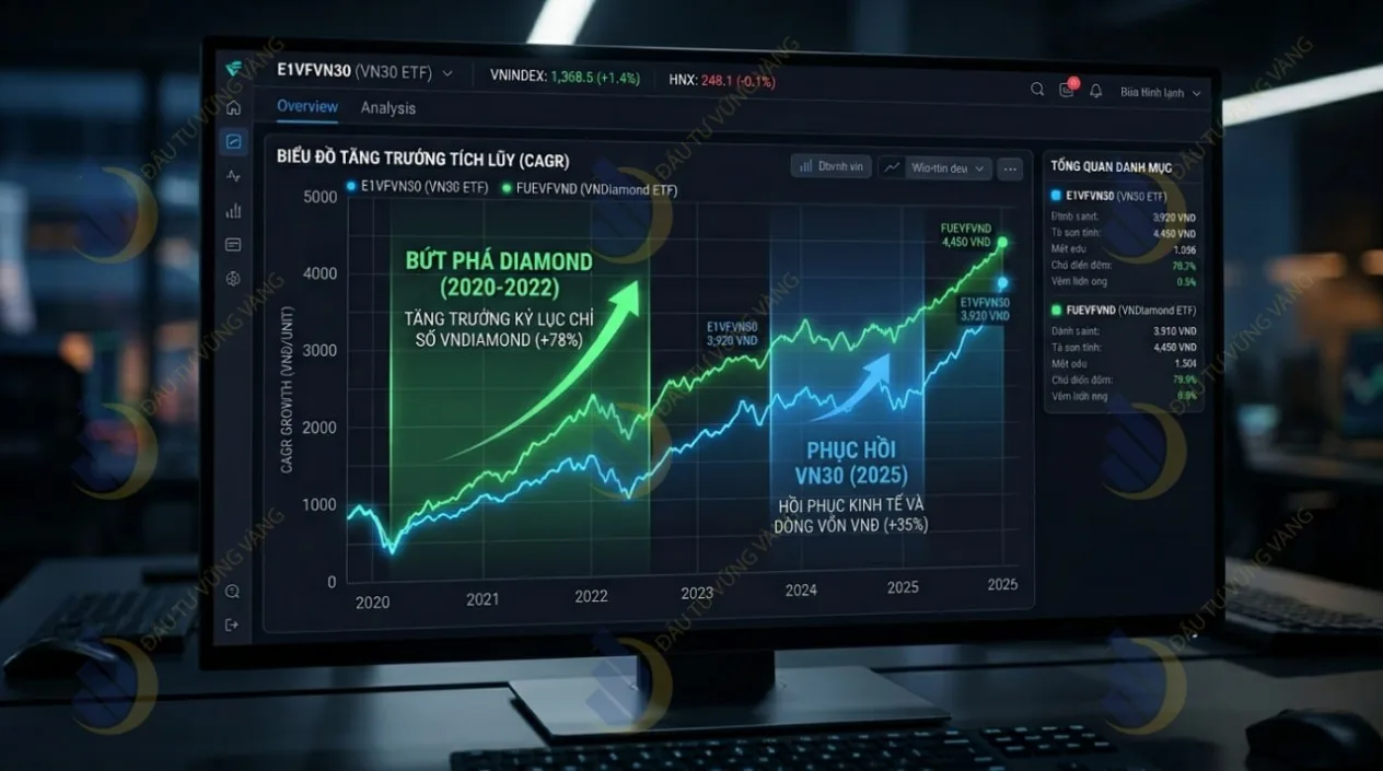 đà tăng trưởng kép của chứng chỉ quỹ E1VFVN30 và FUEVFVND từ năm 2020 đến nay