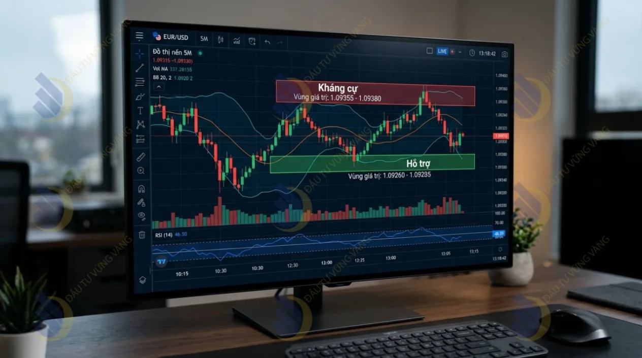 đồ thị nến 5M có vẽ vùng hỗ trợ, kháng cự và chỉ báo RSI kết hợp Bollinger Bands