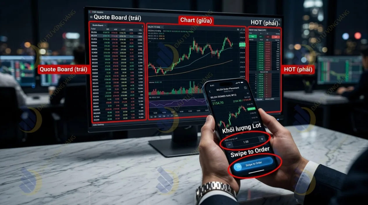 giao diện đặt lệnh trên ứng dụng CQG Mobile