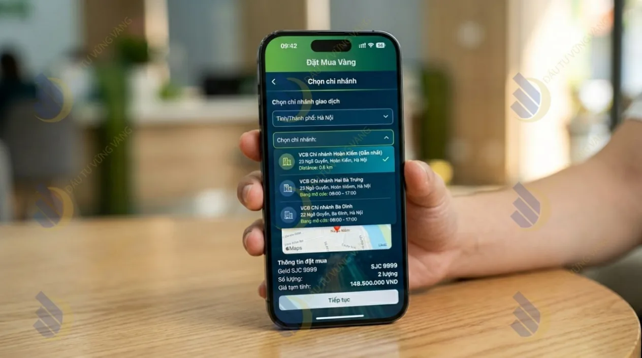giao diện tính năng "Đặt mua vàng" và form chọn chi nhánh trên ứng dụng VCB Digibank