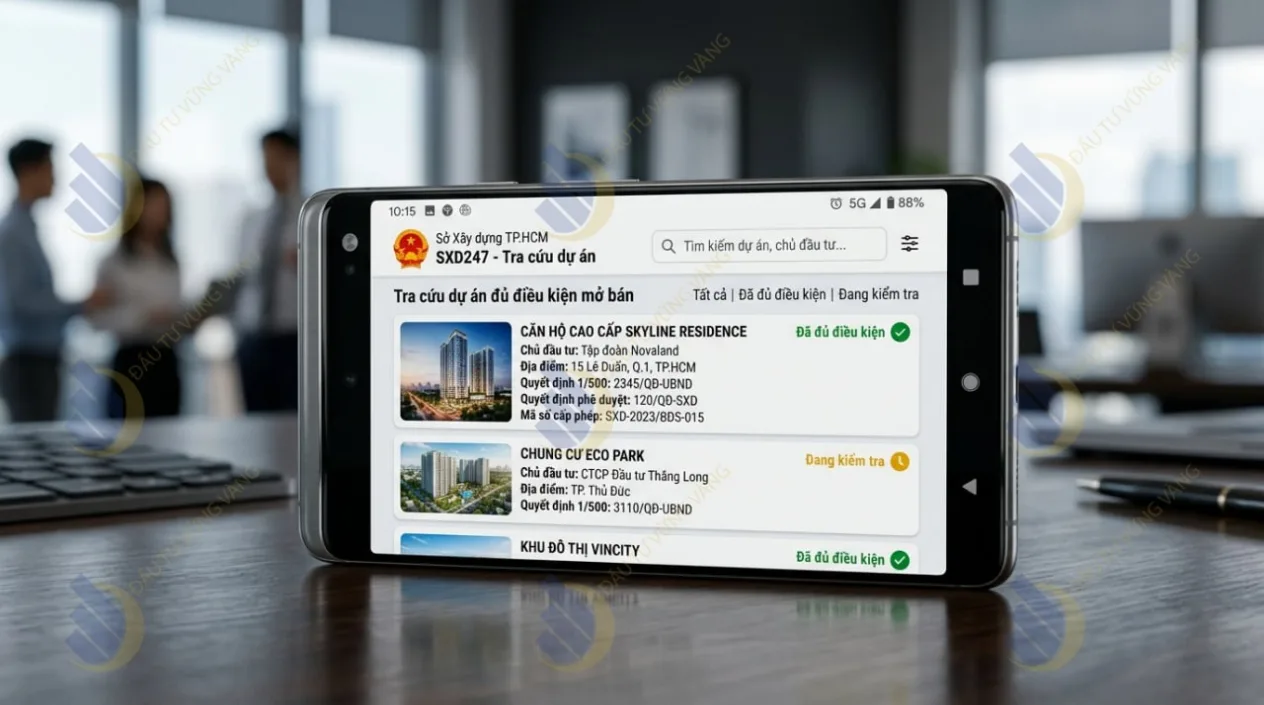 giao diện tra cứu dự án đủ điều kiện mở bán trên ứng dụng SXD247