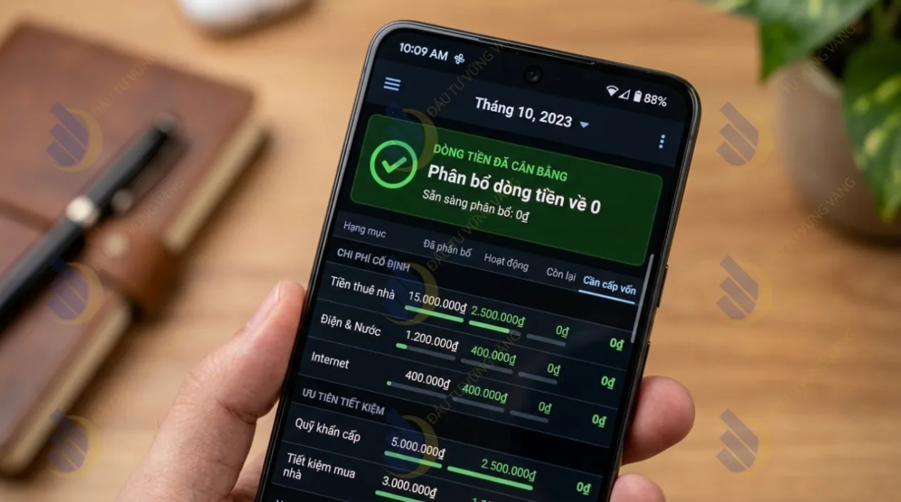giao diện ứng dụng YNAB phân bổ dòng tiền về 0