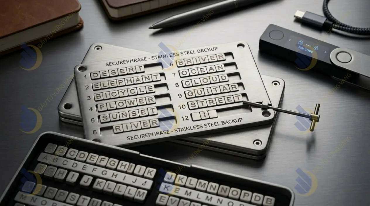 họa thực tế một bộ sản phẩm bảng thép khắc Seed Phrase