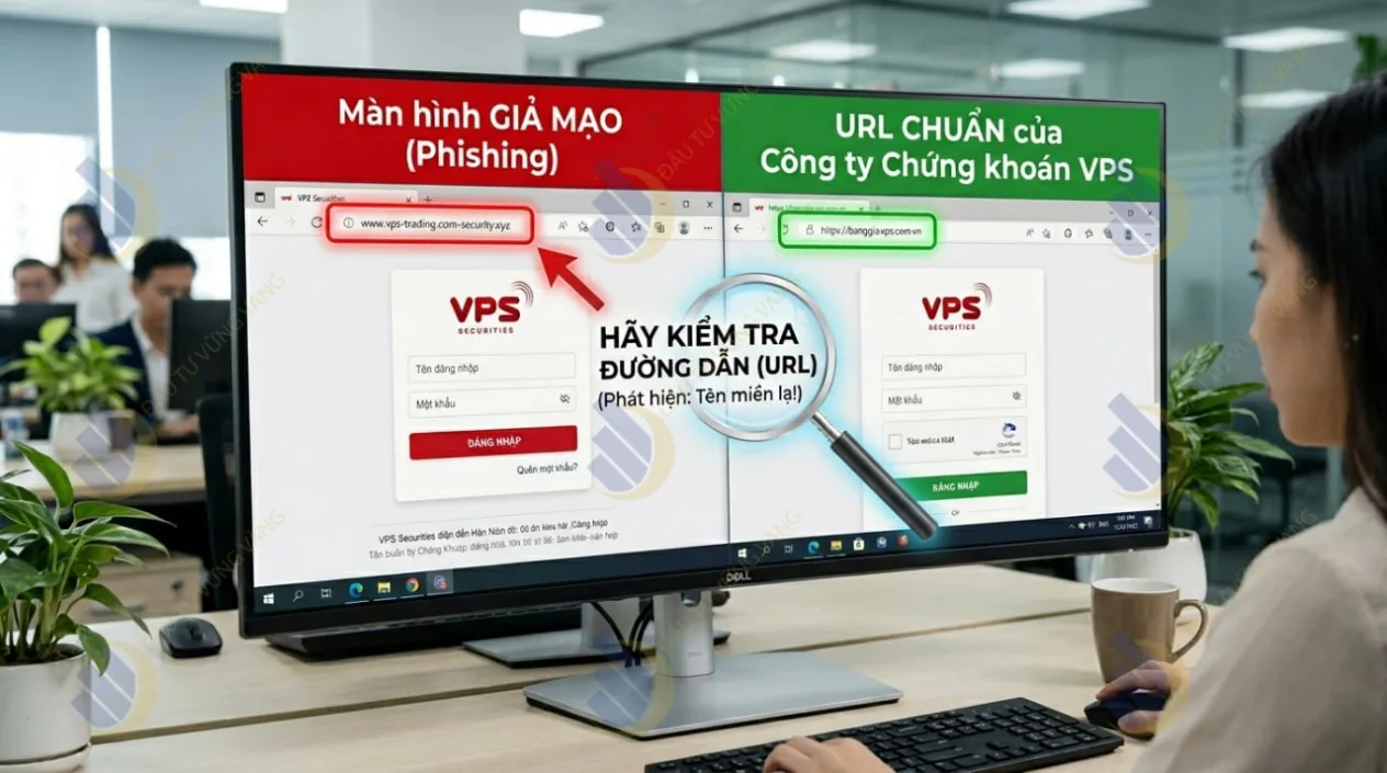 màn hình đăng nhập giả mạo (Phishing) và cách nhận diện URL chuẩn của công ty chứng khoán