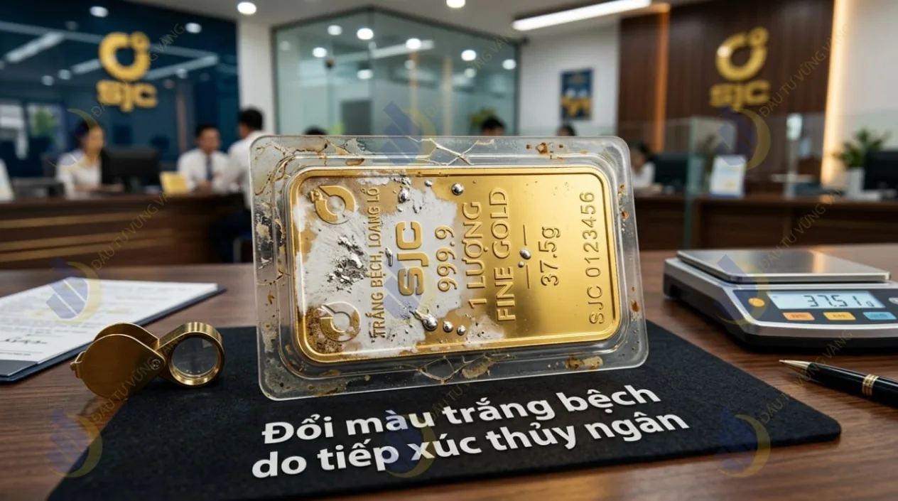 miếng vàng bị đổi màu trắng bệch, loang lổ do tiếp xúc với thủy ngân