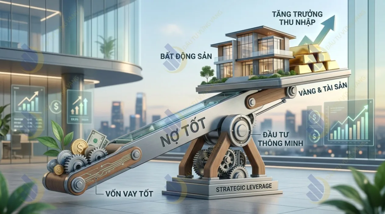 minh họa khái niệm nợ tốt như một chiếc đòn bẩy nâng cao tài sản hoặc thu nhập