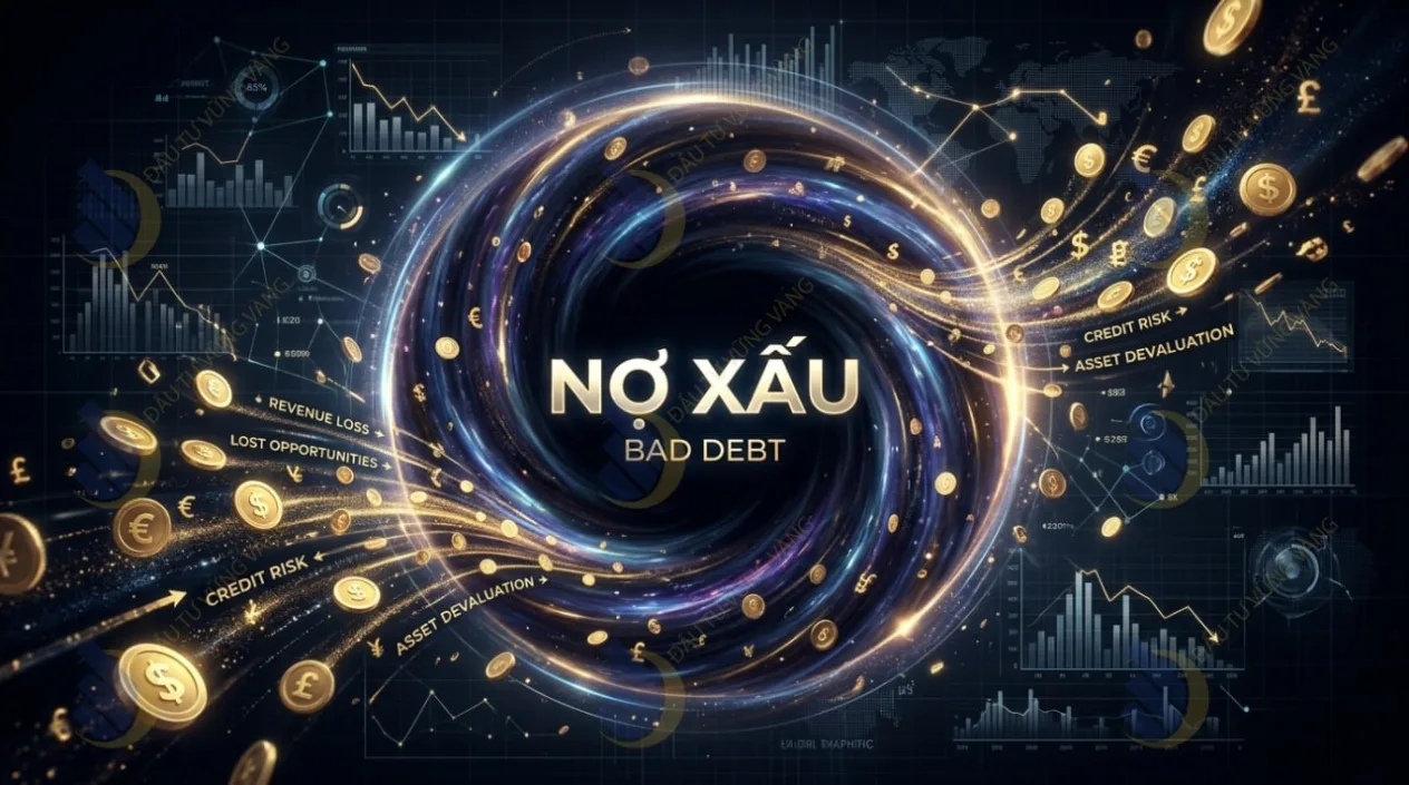 minh họa khái niệm nợ xấu như một chiếc hố đen hút tiền bạc và cơ hội tài chính