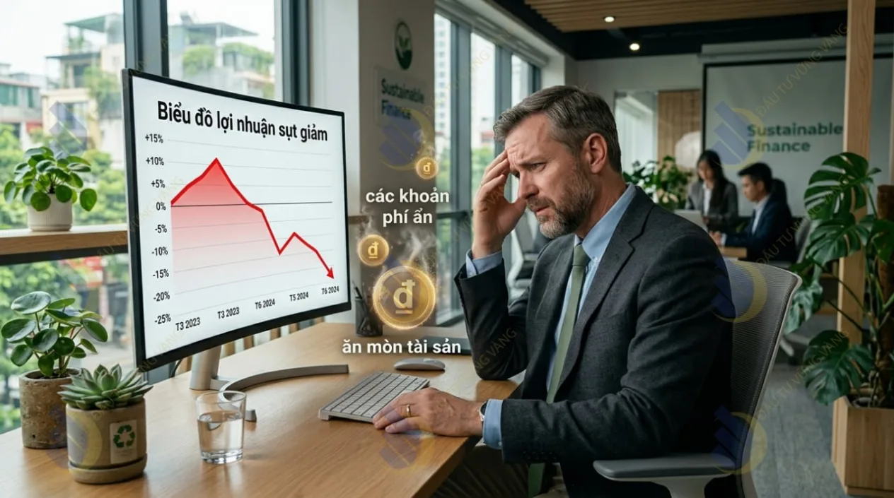 minh họa một nhà đầu tư đang băn khoăn nhìn vào biểu đồ lợi nhuận bị sụt giảm