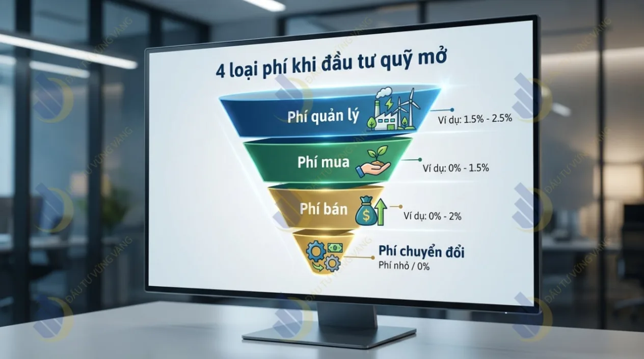 phân loại rõ ràng 4 loại phí khi đầu tư quỹ mở: Phí quản lý, Phí mua, Phí bán, Phí chuyển đổi