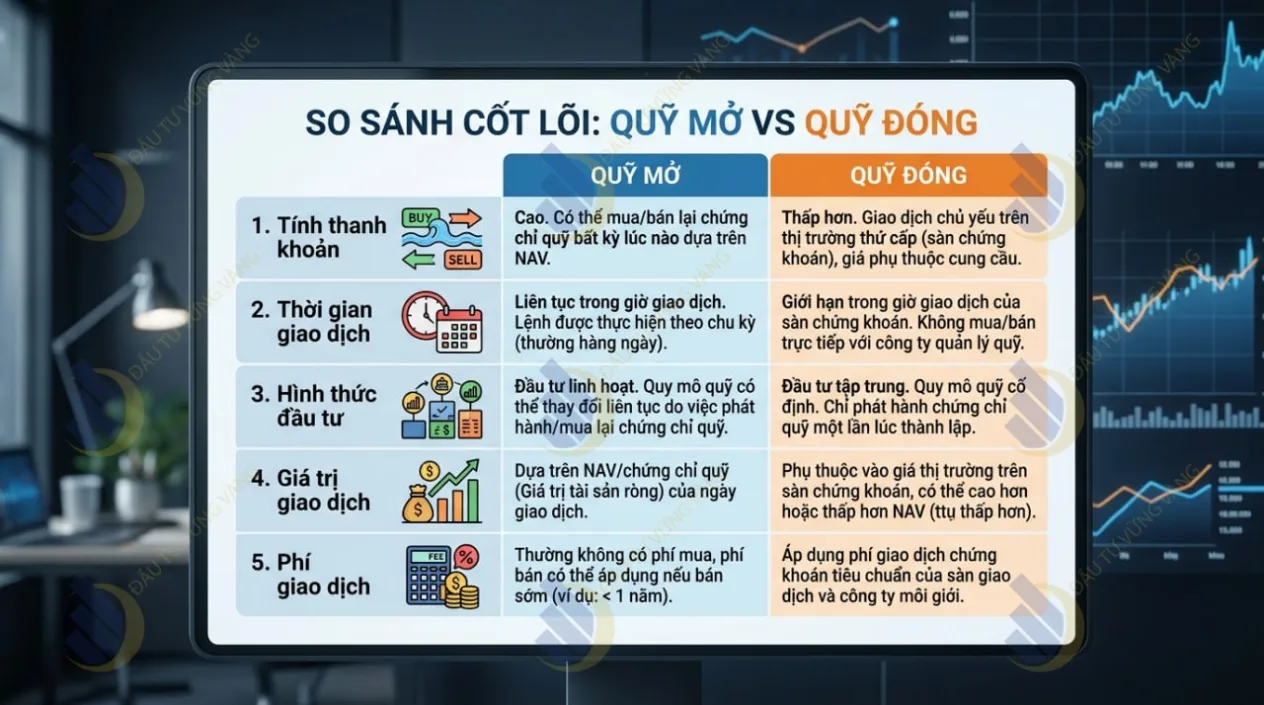 so sánh 5 tiêu chí khác biệt cốt lõi giữa Quỹ mở và Quỹ đóng