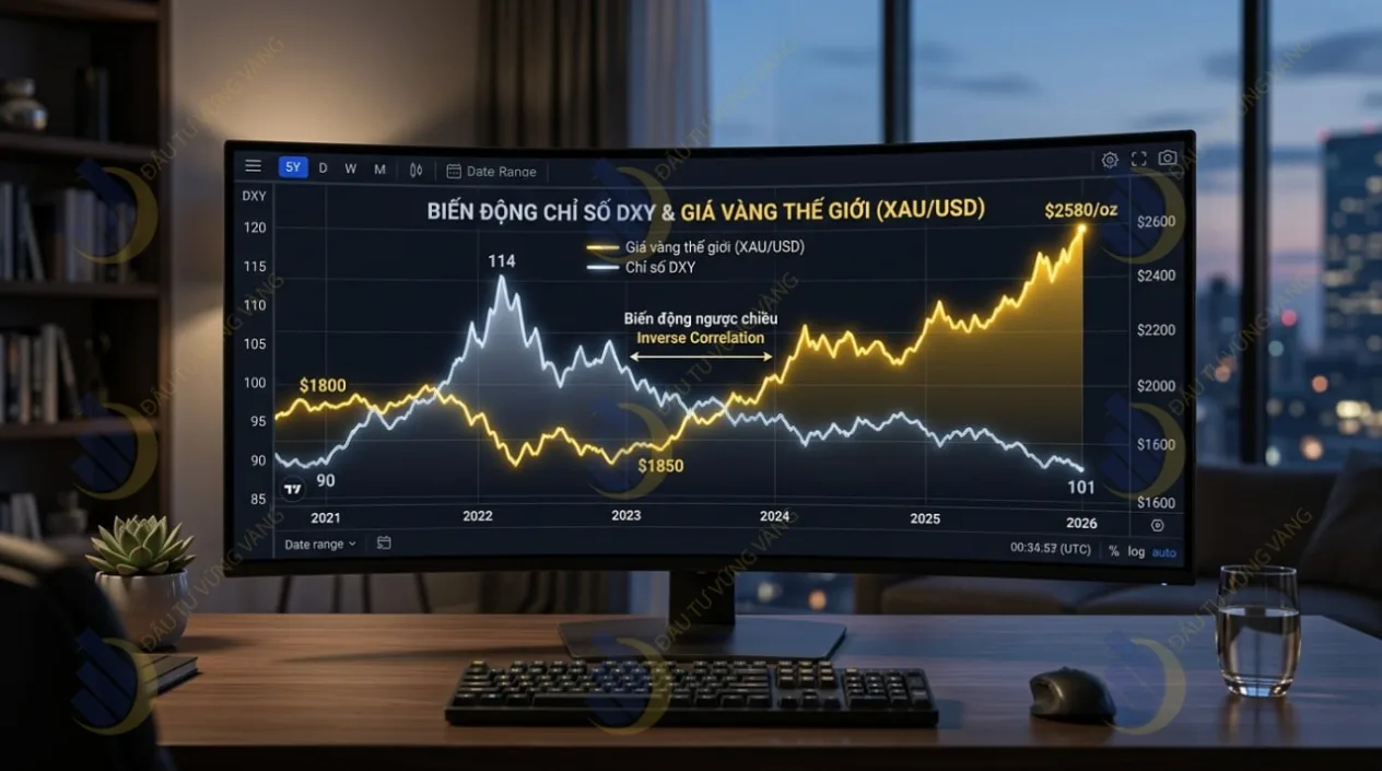so sánh sự biến động ngược chiều giữa chỉ số DXY và giá vàng thế giới (XAU/USD) trong 5 năm qua