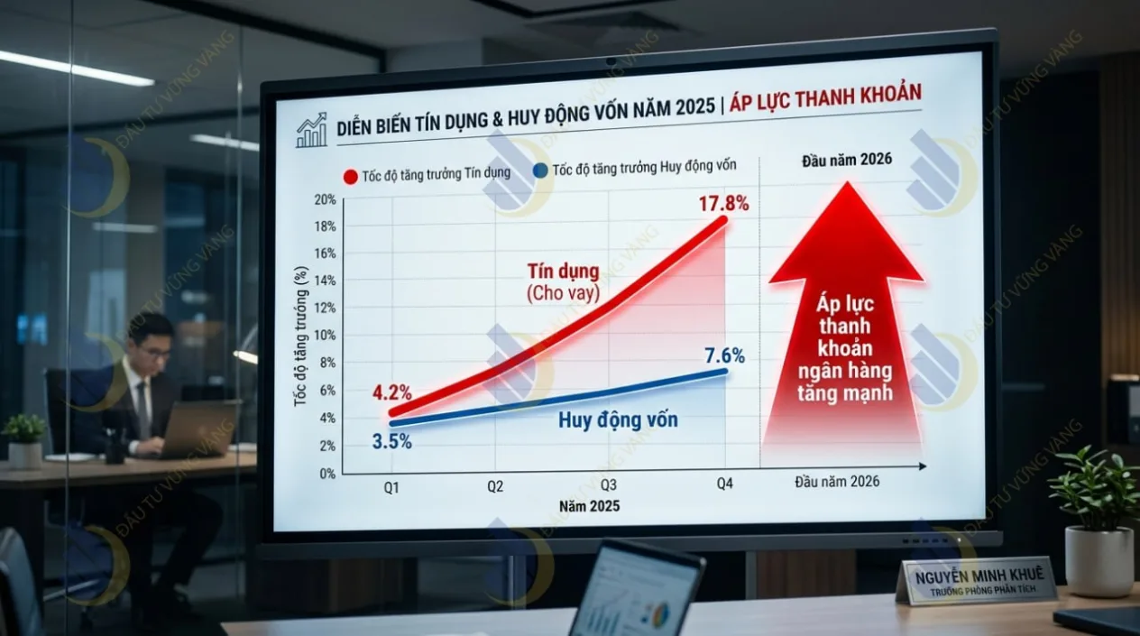 so sánh tốc độ tăng trưởng Tín dụng (màu đỏ - cao) so với tốc độ tăng trưởng Huy động vốn (màu xanh - thấp) trong năm 2025