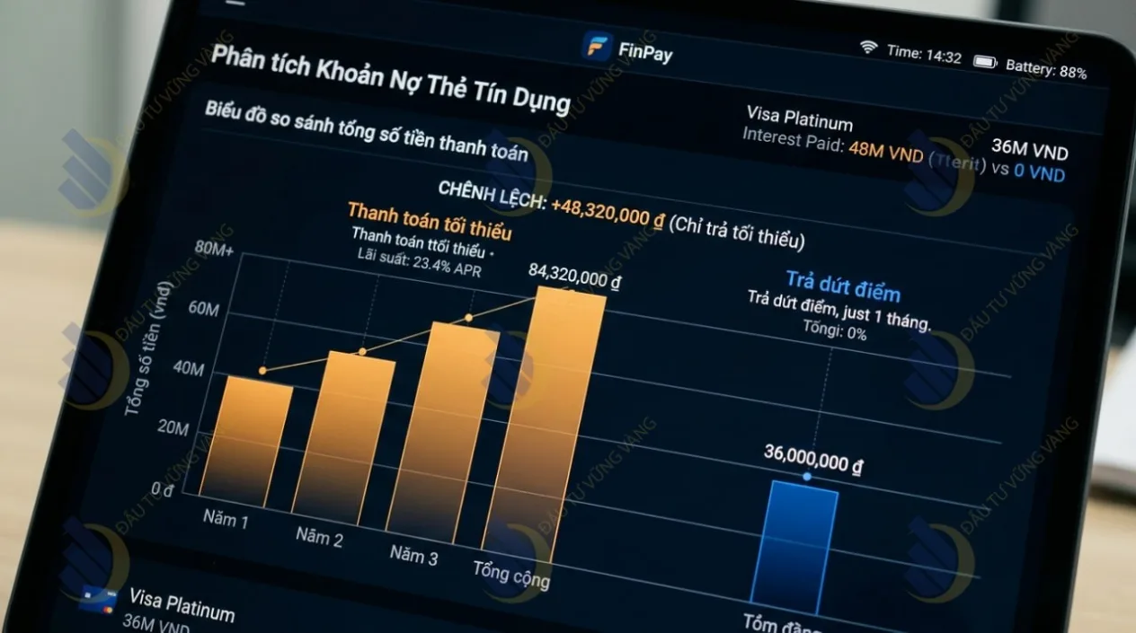 so sánh tổng số tiền thực trả khi chỉ thanh toán tối thiểu vs trả dứt điểm theo kế hoạch
