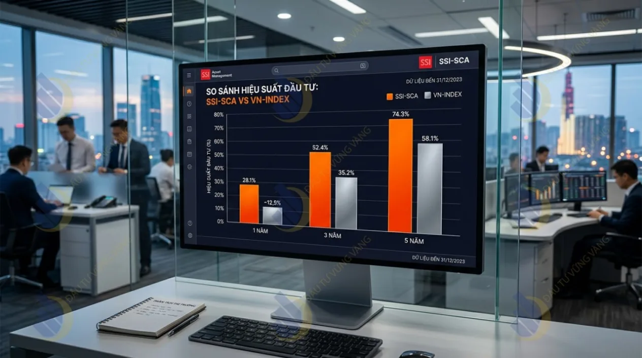 so sánh tỷ suất sinh lời của SSI-SCA so với VN-Index trong 1 năm, 3 năm và 5 năm qua